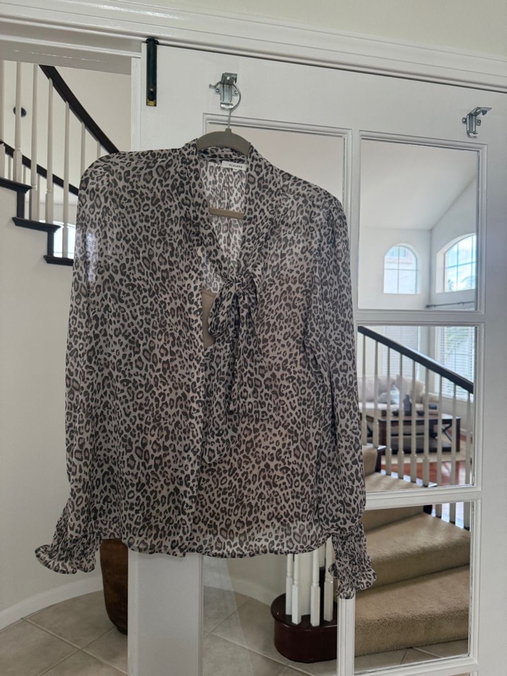 Pleione NEW Size Medium Sheer Leopard Tie-Neck Blouse in Neutral Tones